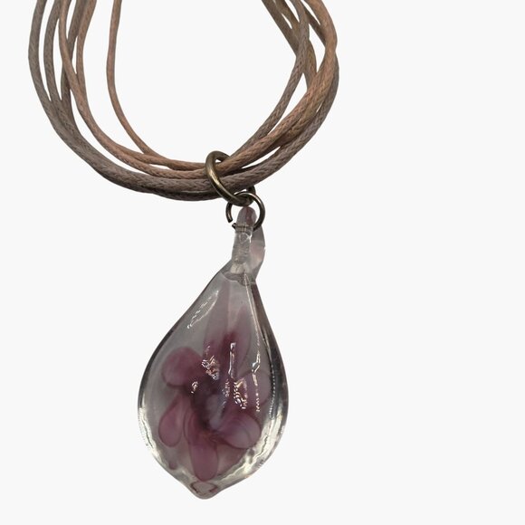 Glass Teardrop Pendant Necklace  Purple Flower Heart Adjustable - Picture 4 of 8